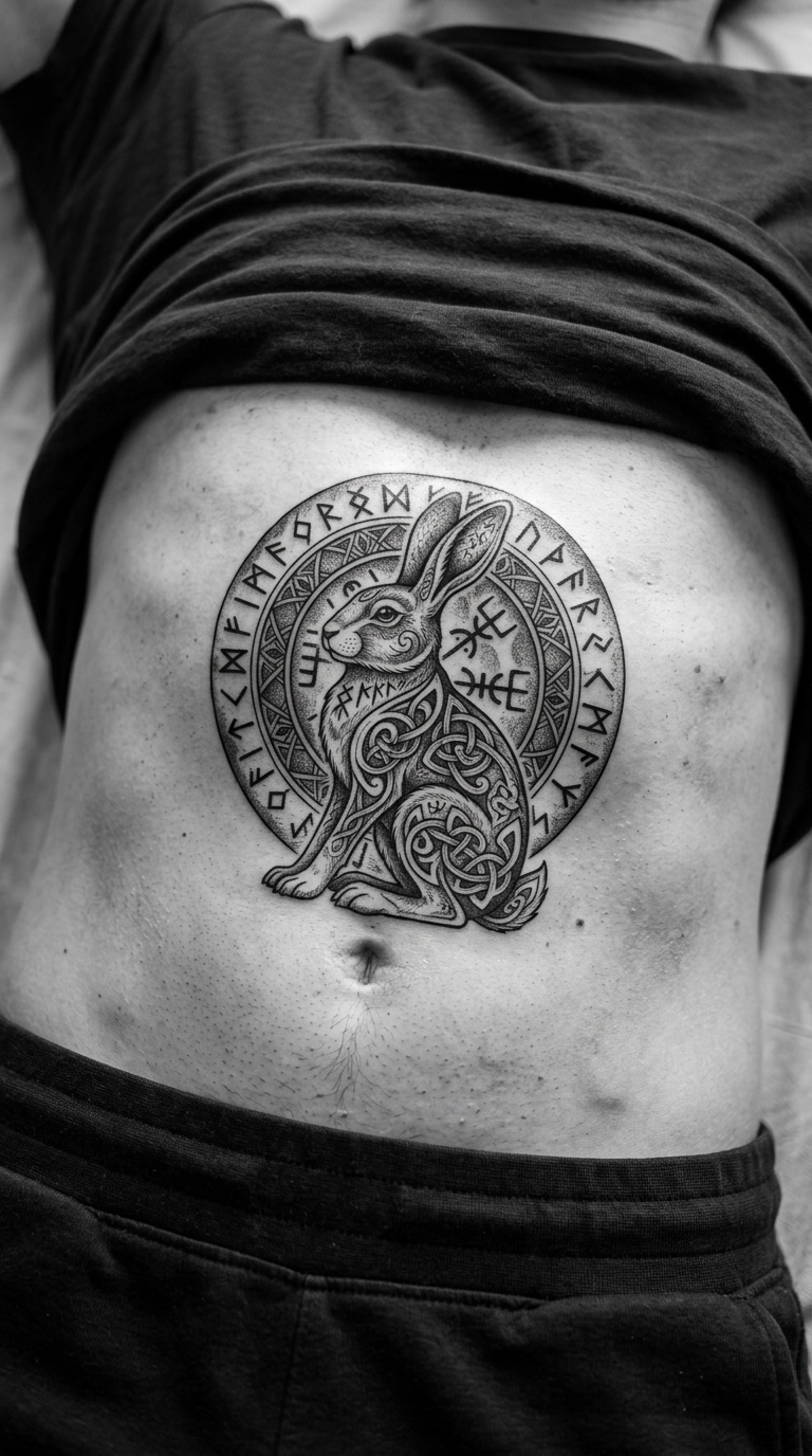 Hase mit Runenmond als Wikinger und Celtic Tattoo für den Bauch
