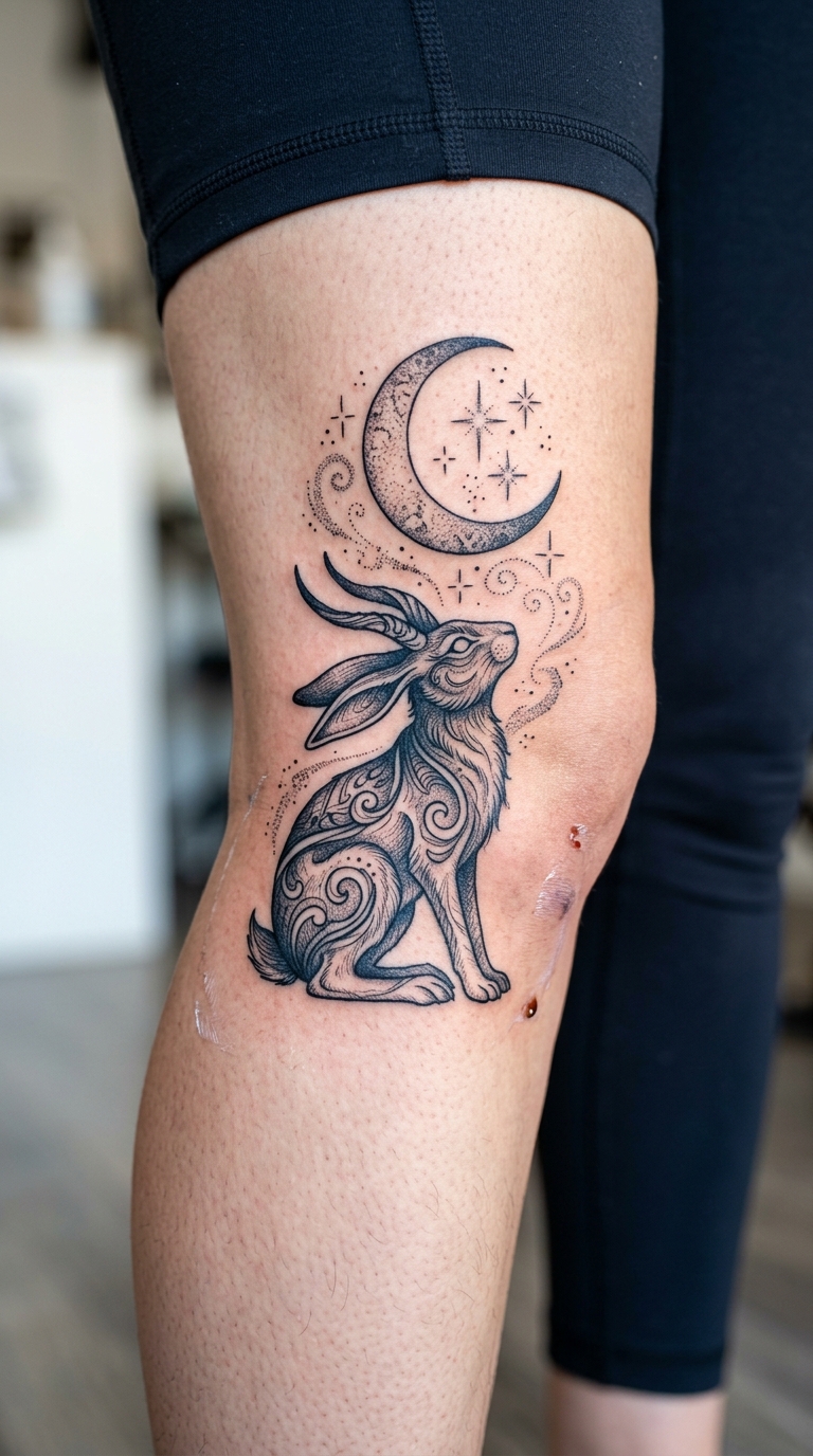 Hase unter dem Sichelmond als mystisches Fantasy Tattoo für die Kniekehle