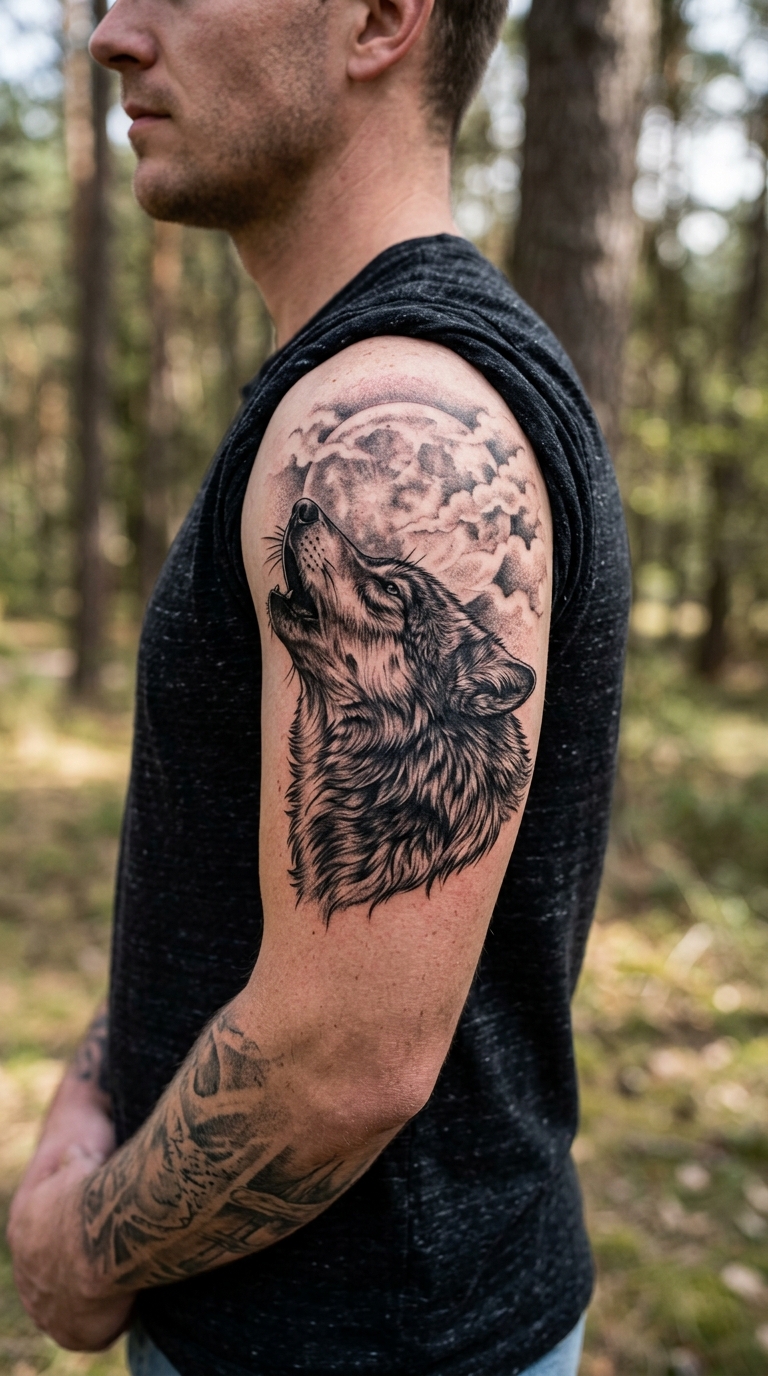 Heulender Wolf im Vollmondschein als Tattoo für den Arm