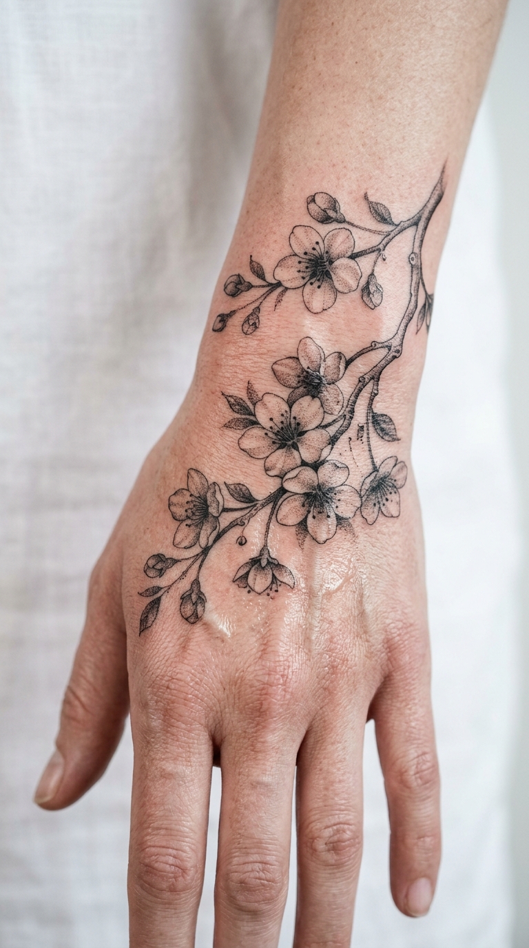 Kirschblütenzweig als Dotwork Tattoo Idee für die Hand