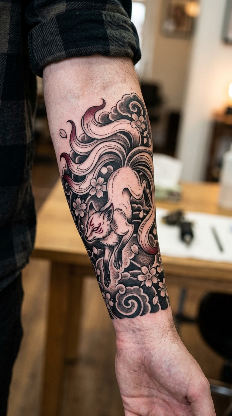 Kitsune Fuchs als japanisches Tattoo für den Unterarm