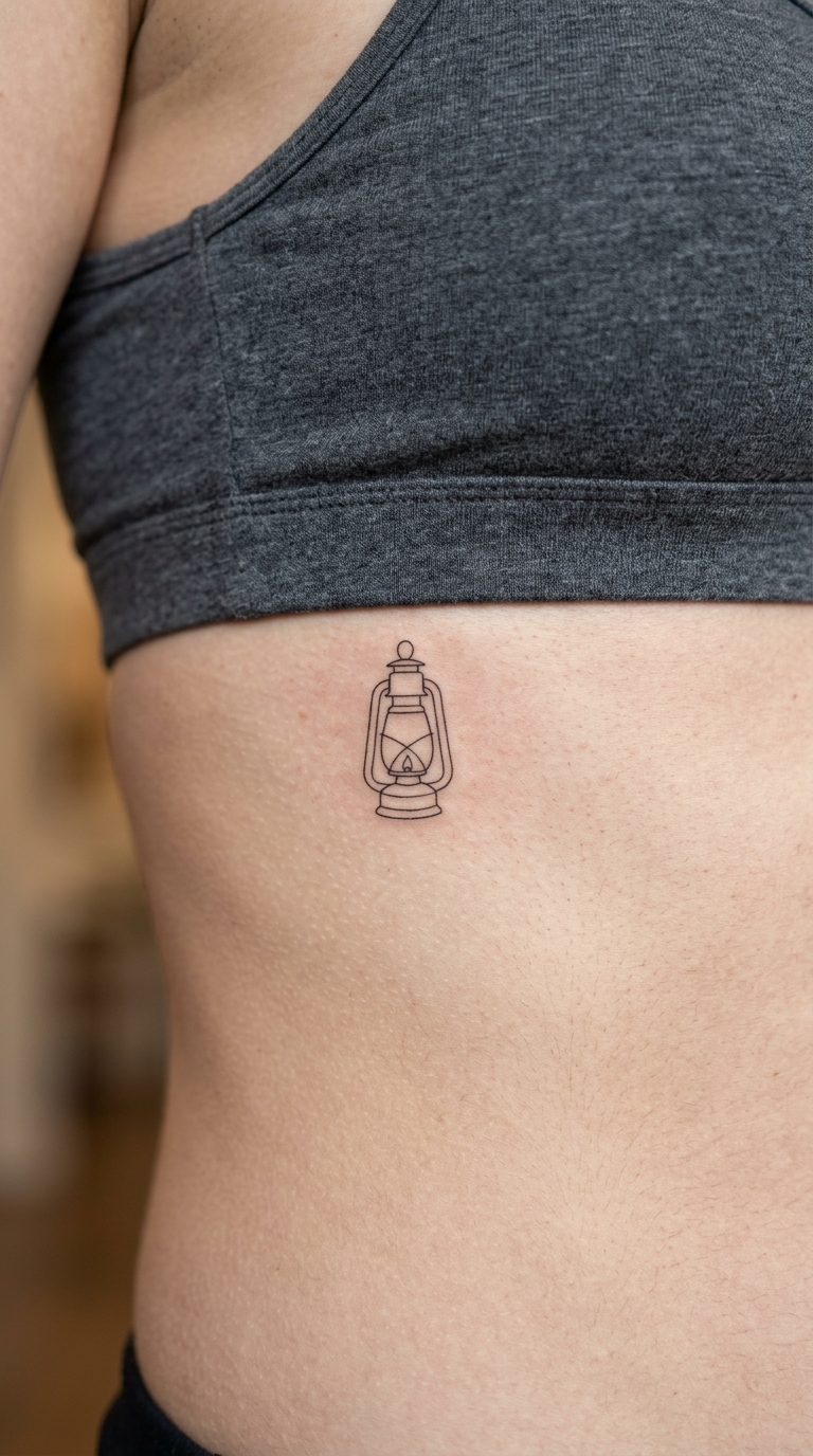 Kleine Laterne im Fineline Stil als Tattoo für den Underboob