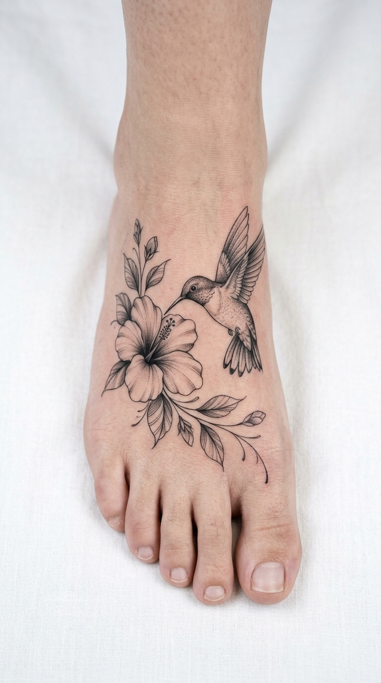 Kolibri und Hibiskus als florales Tattoo für den Fuß