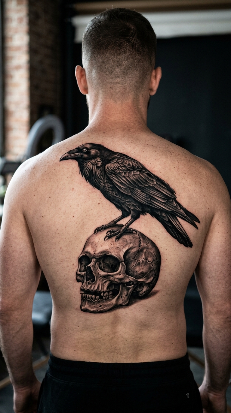 Krähe auf Schädel als 3D Tattoo für den Rücken