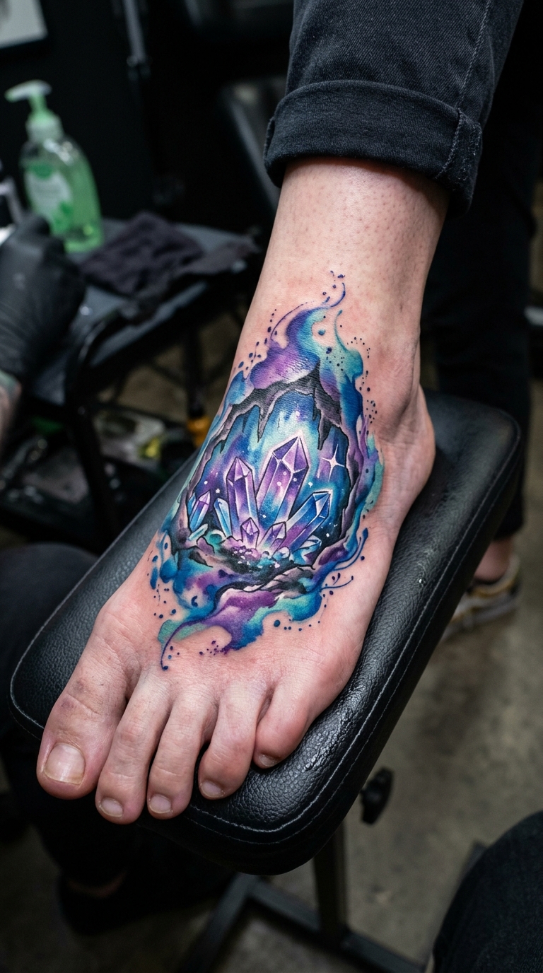 Kristallhöhle als buntes Aquarell Tattoo für den Fuß