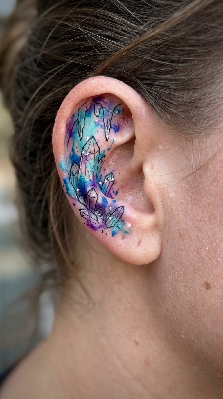 Kristallhöhle Tattoo Idee für das Ohr
