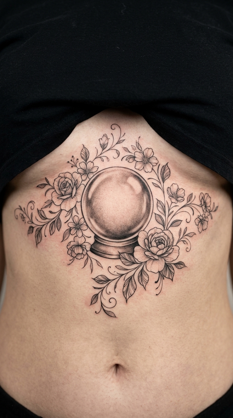 Kristallkugel mit florale Ranken als Tattoo Idee für den Bauch