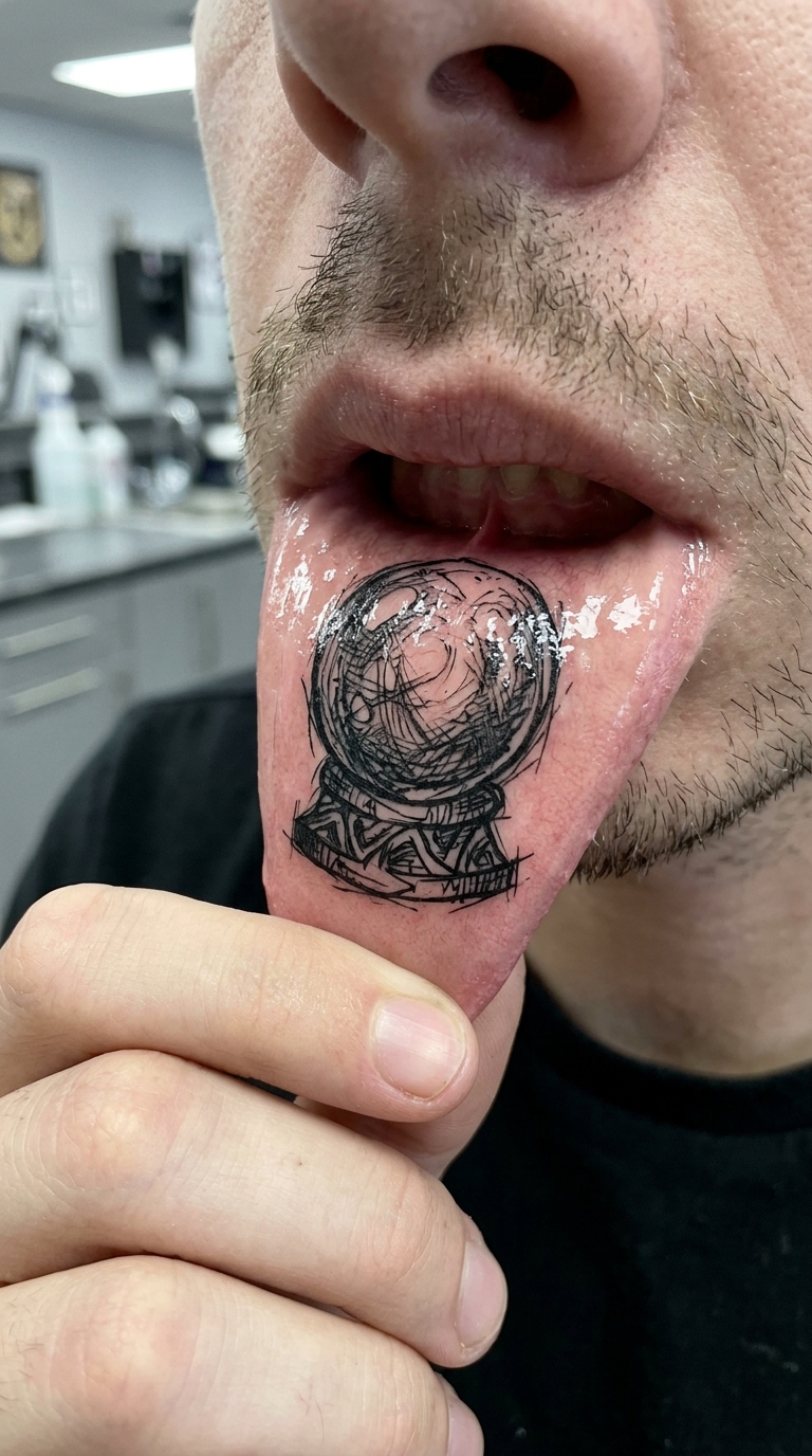 Kristallkugel Tattoo Idee für die Unterlippe
