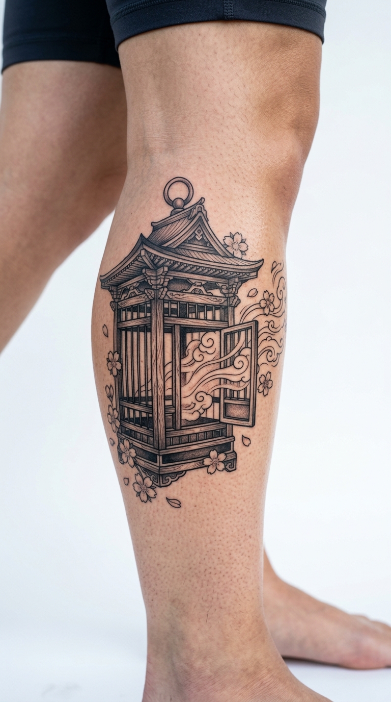 Leerer Vogelkäfig als Japanisch Tattoo für das Bein