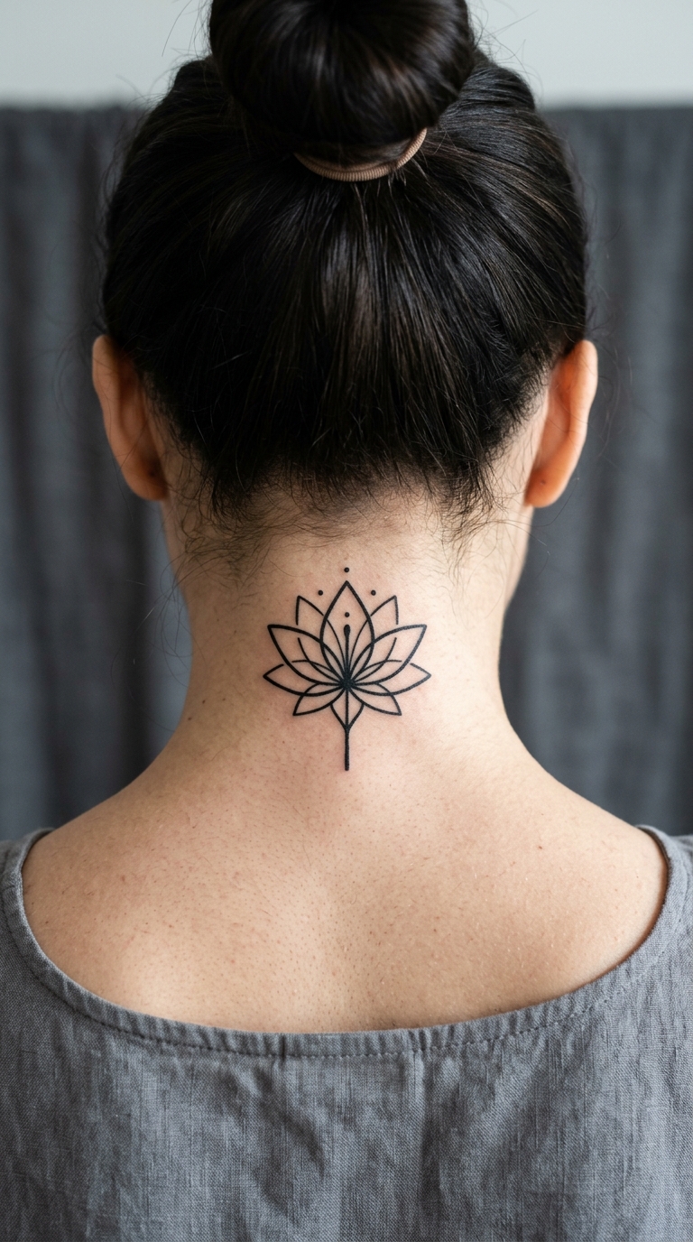 Lotusblüte als grafisches Zeichen Tattoo für den Nacken
