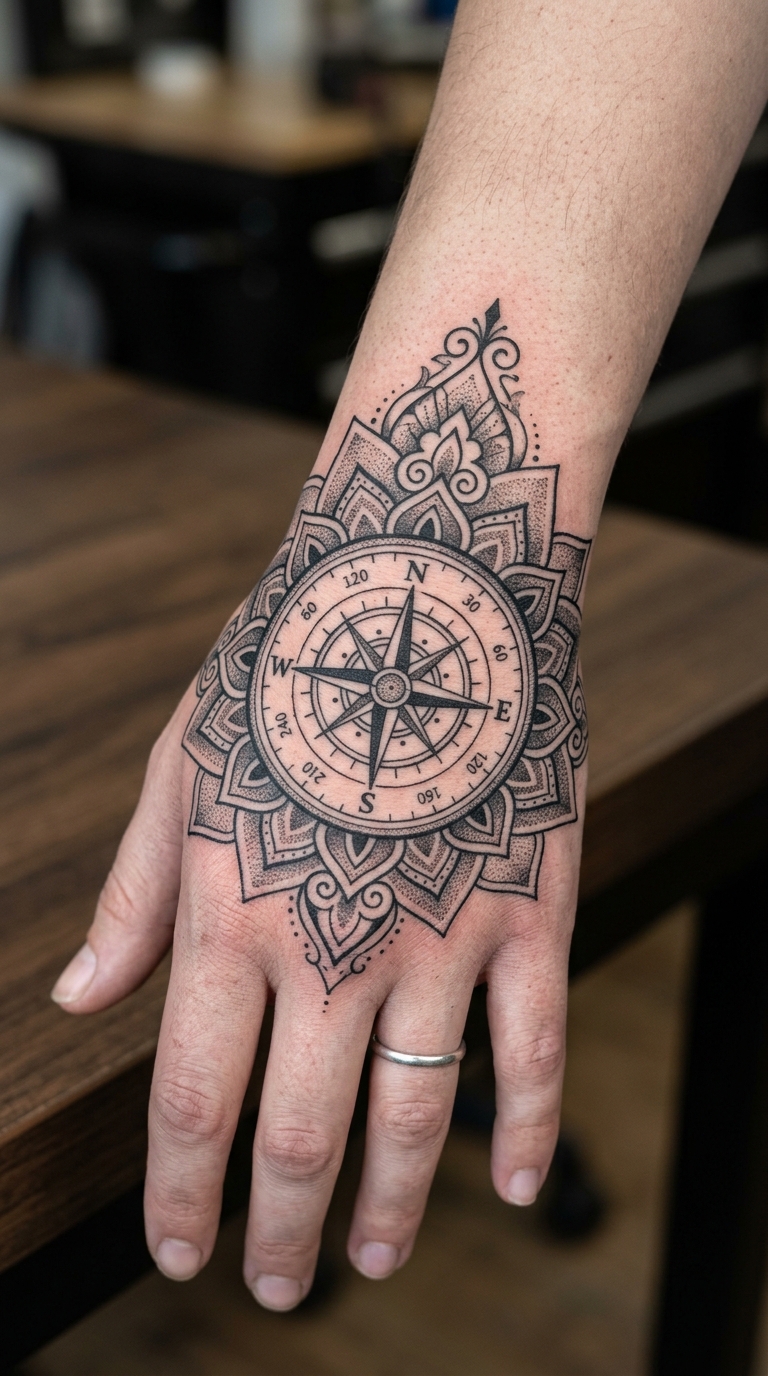 Mandala Tattoo mit Kompass für die Hand
