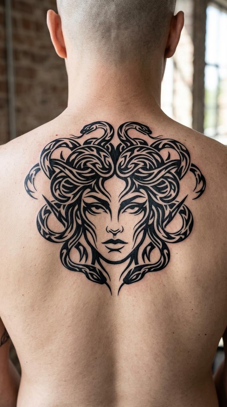 Medusa als ausdrucksstarkes Tribal Tattoo für den Kopf