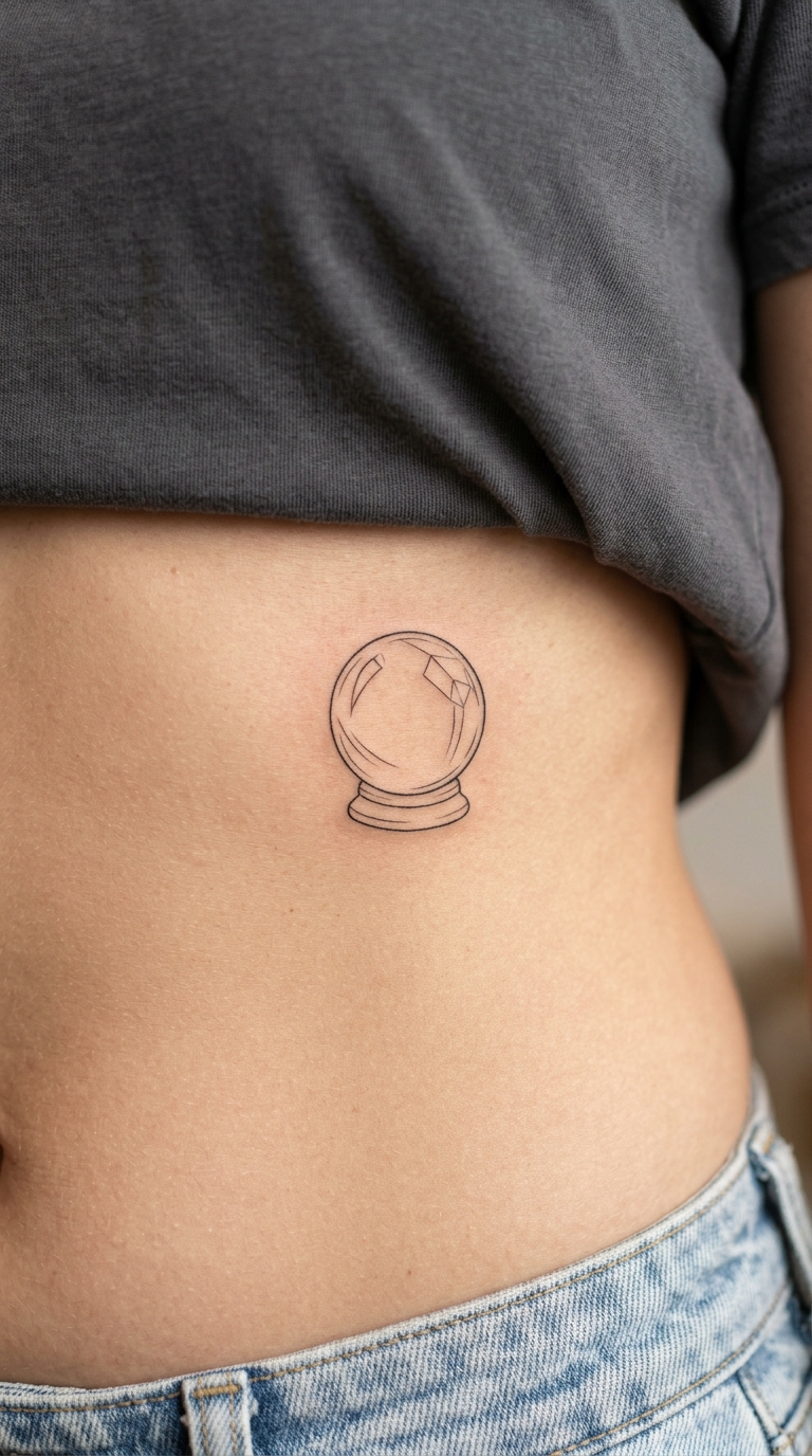 Minimalistisches Tattoo mit kleiner Kristallkugel für den Bauch