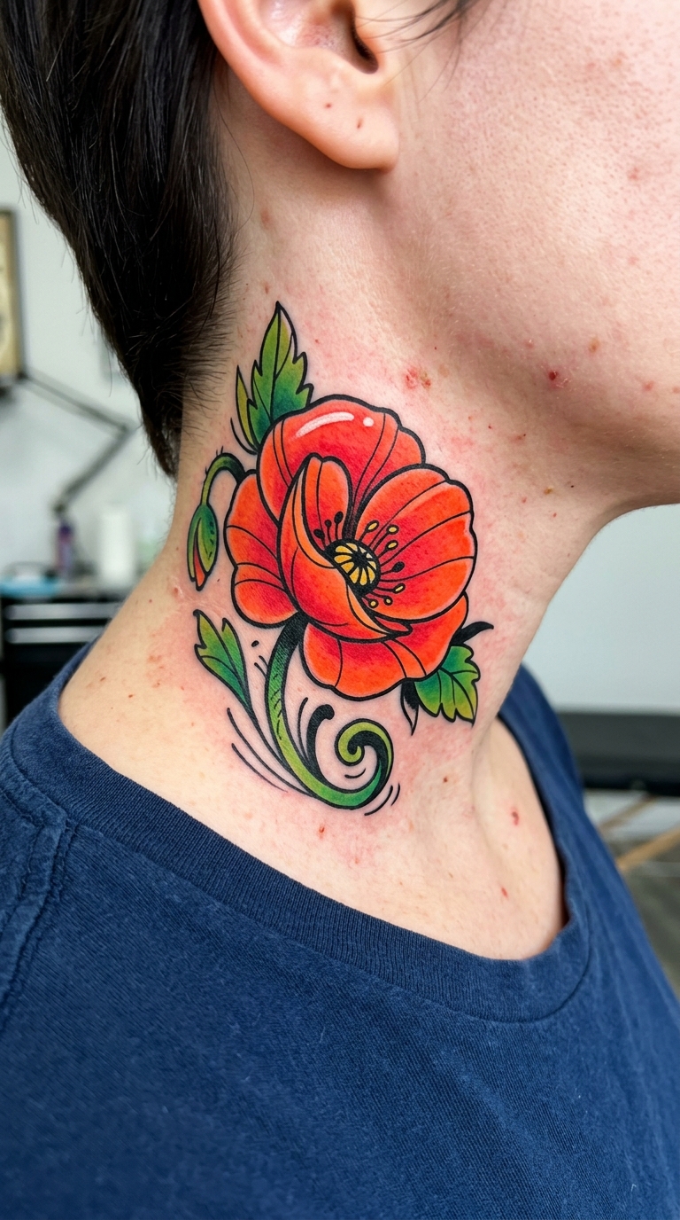 Mohnblume als buntes Comic Tattoo für den Nacken