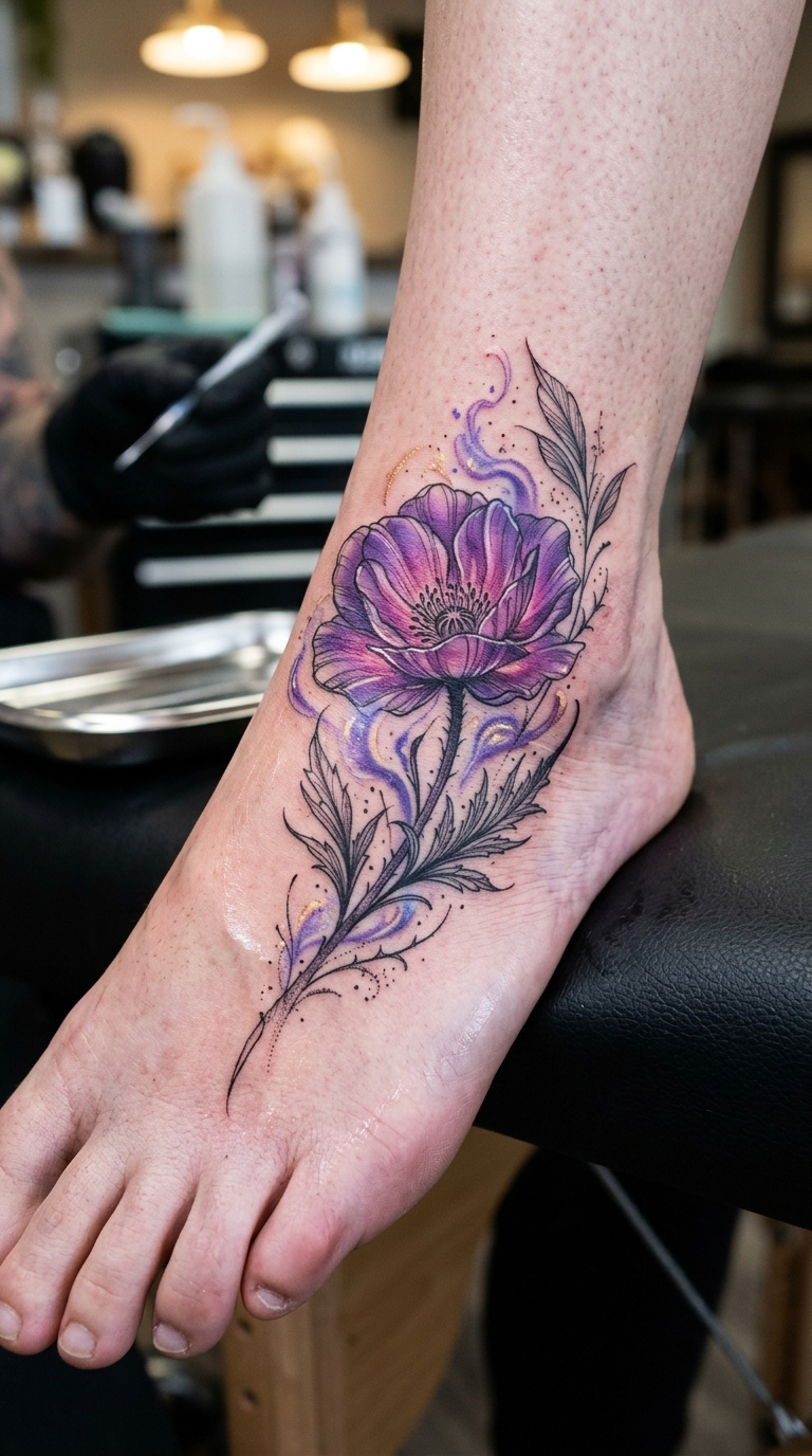 Mohnblume als magisches Fantasy Tattoo für den Fuß