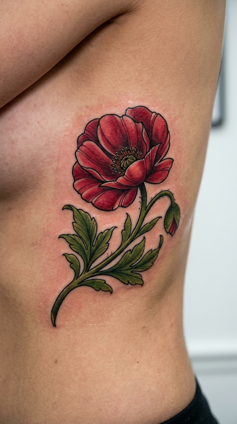 Mohnblume als Neo Traditional Tattoo für die Rippen