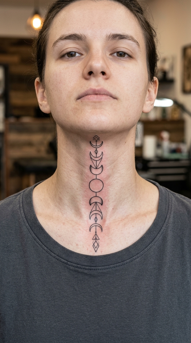 Mondphasen als geometrisches Tattoo für den Hals