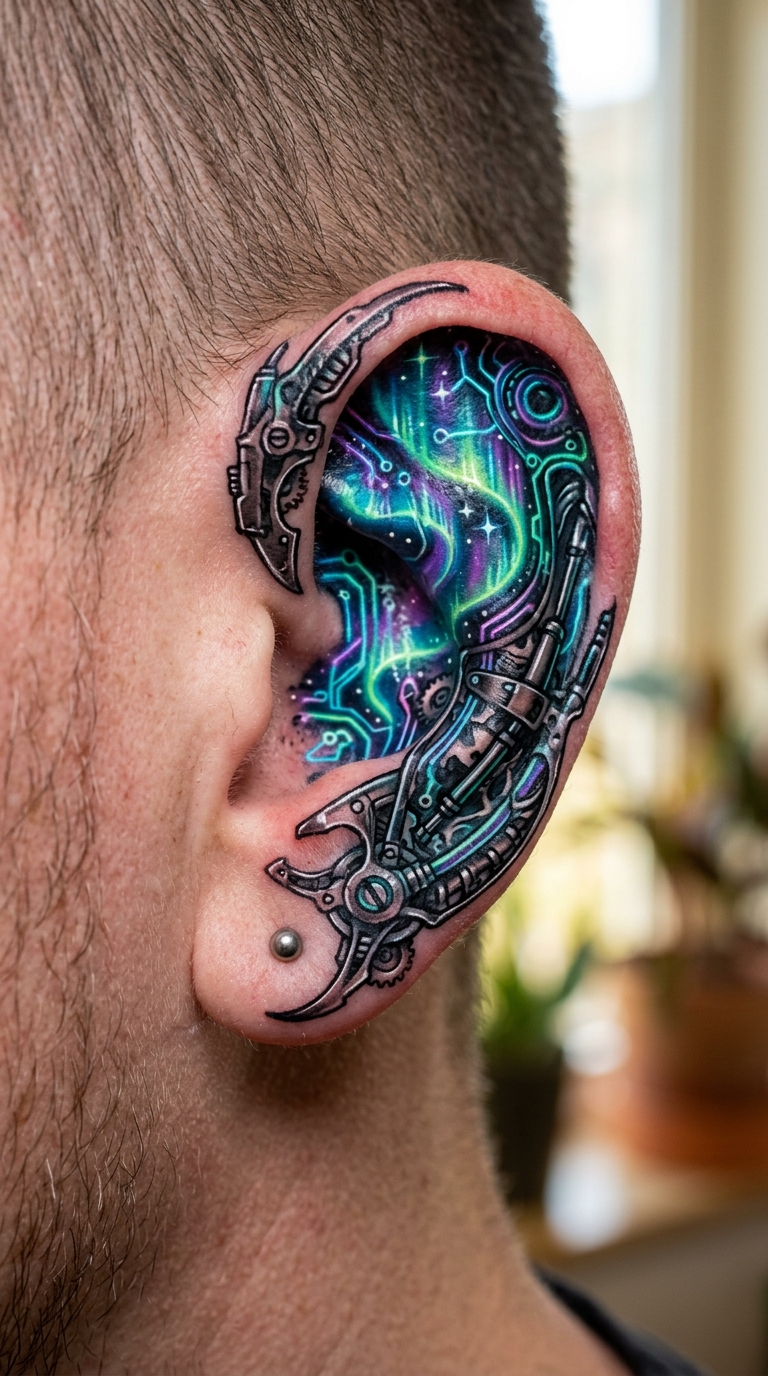 Nordlicht als biomechanisches Tattoo für das Ohr