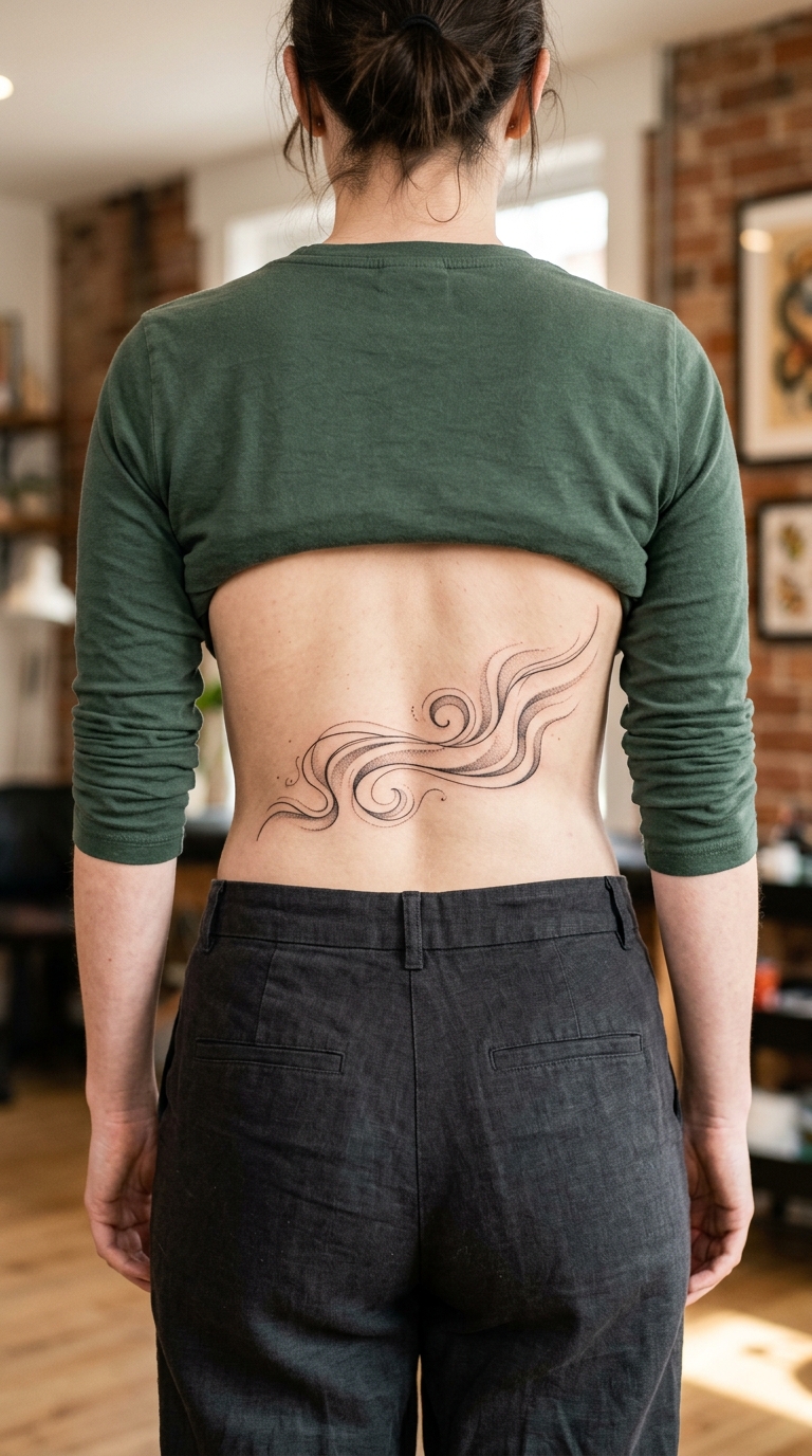 Nordlicht als filigranes Fineline Tattoo für das Steißbein