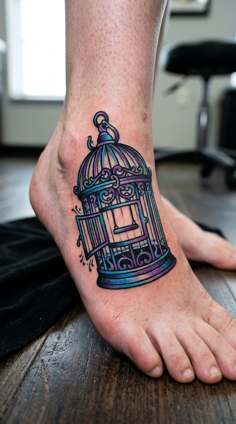 Offener Vogelkäfig als Oldschool und Newschool Tattoo am Fuß
