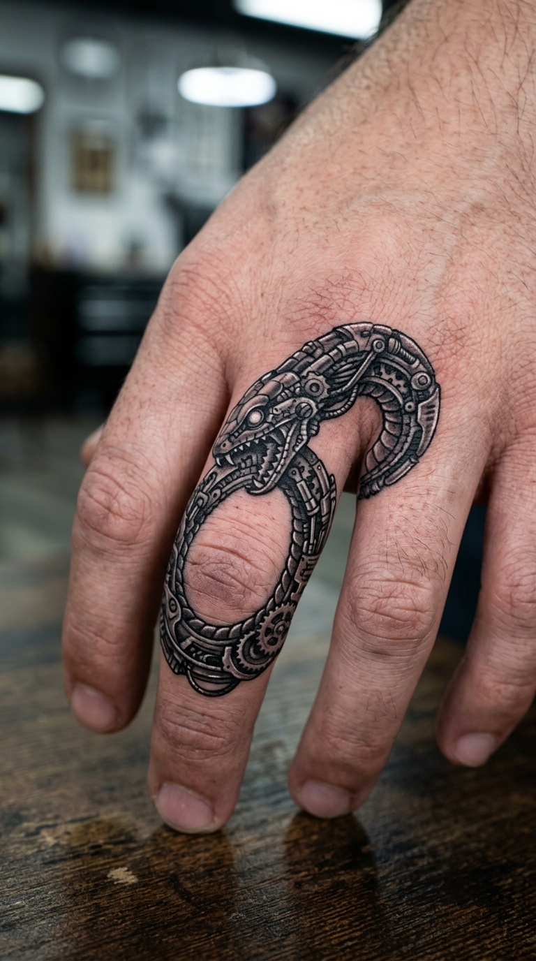 Ouroboros als biomechanisches Tattoo für den Finger