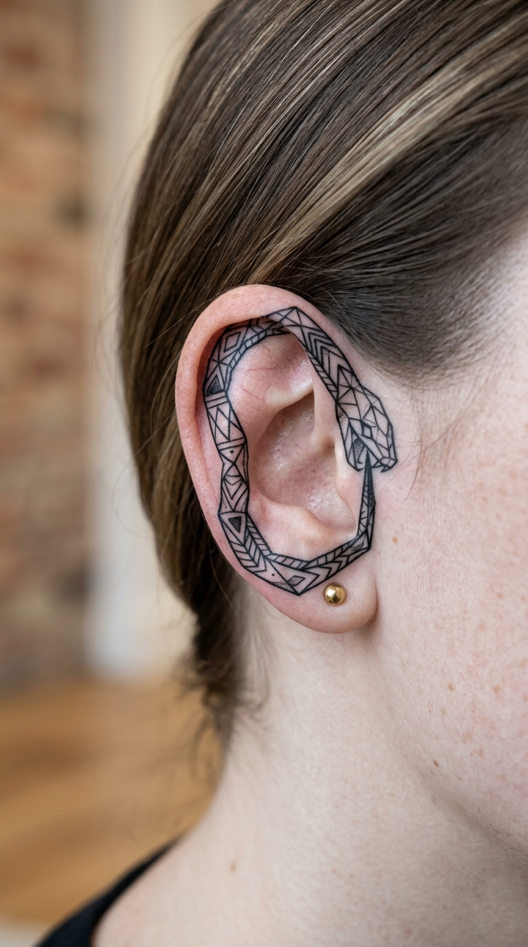 Ouroboros als geometrisches Tattoo für das Ohr