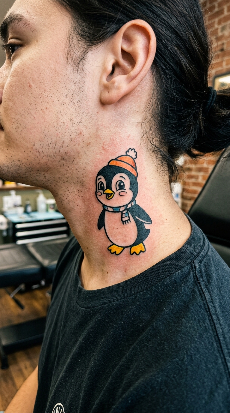 Pinguin als Comic Tattoo für den Hals