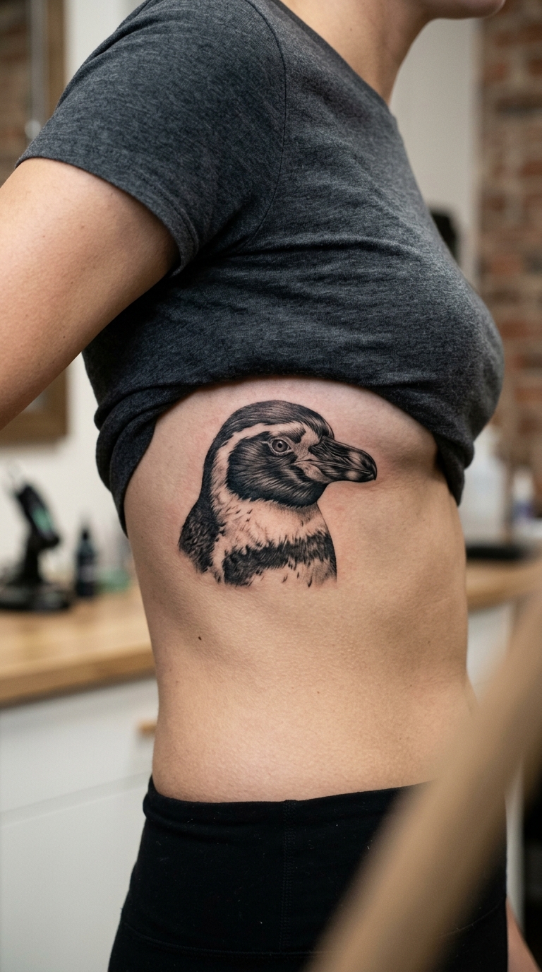 Pinguin als Realistic Tattoo für den Underboob