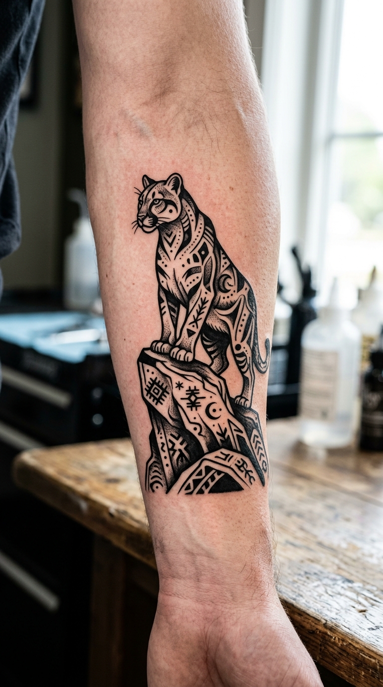 Puma auf Felsen als minimalistisches Zeichen Tattoo für den Arm