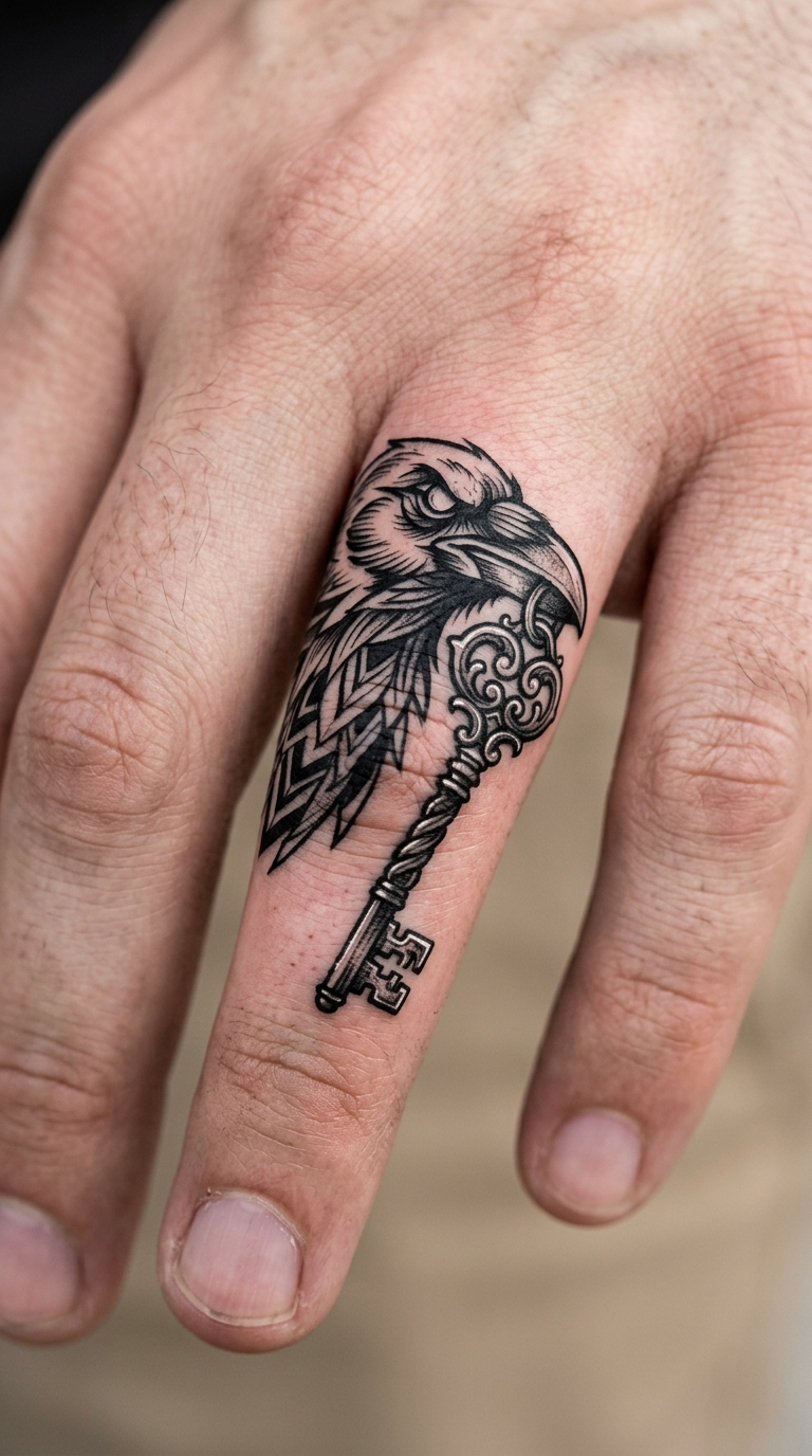 Rabe mit goldenem Schlüssel als Anime Tattoo für den Finger