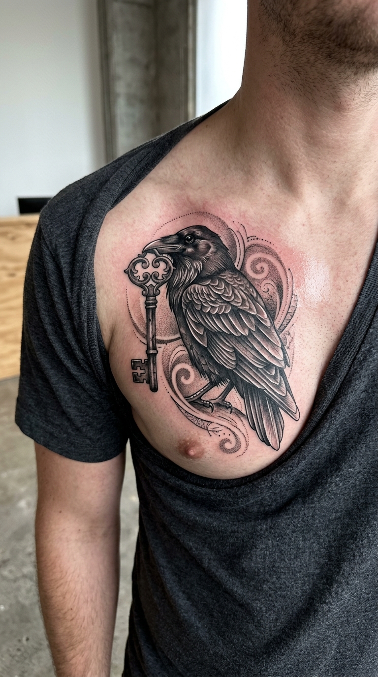 Rabe mit goldenem Schlüssel als Realistic Tattoo für Brust & Oberkörper