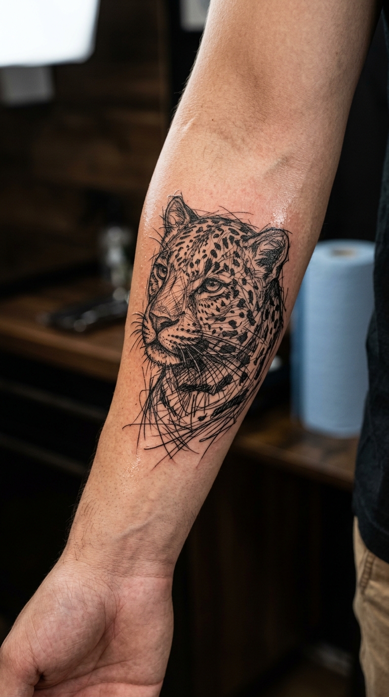 Raubkatze als kreuz und quer Tattoo Idee für den Unterarm