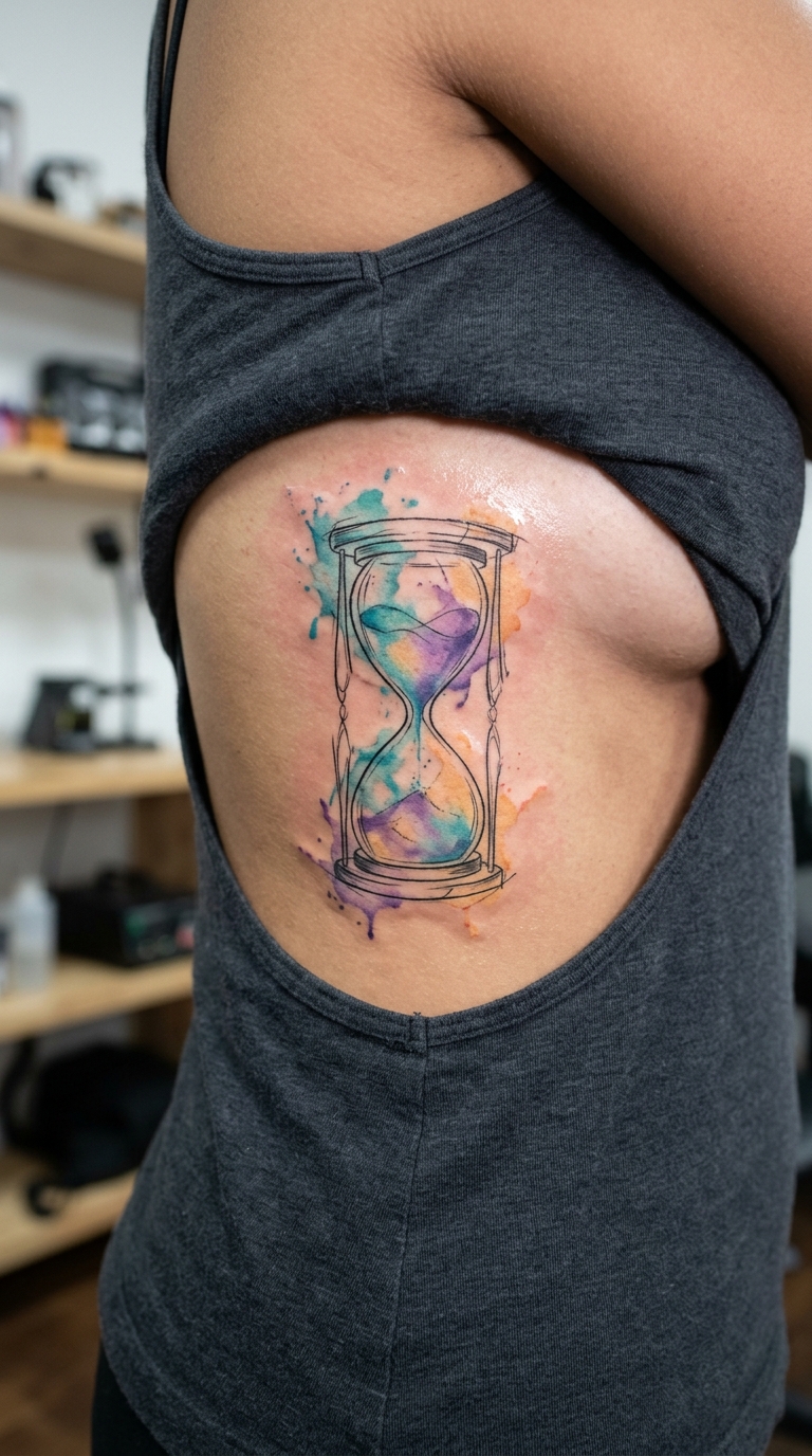 Sanduhr als kunstvolles Aquarell Tattoo für das Underboob