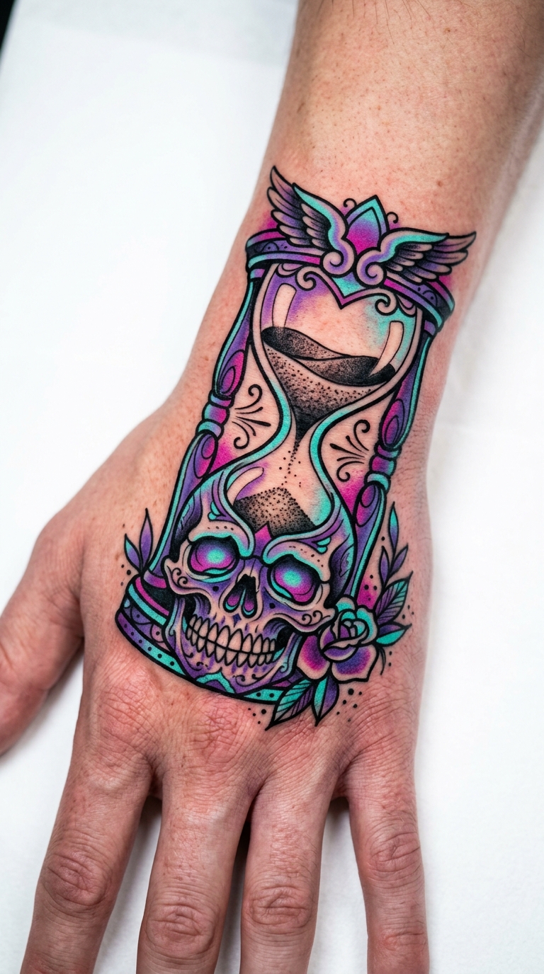 Sanduhr mit Totenkopf als Oldschool und Newschool Tattoo auf der Hand