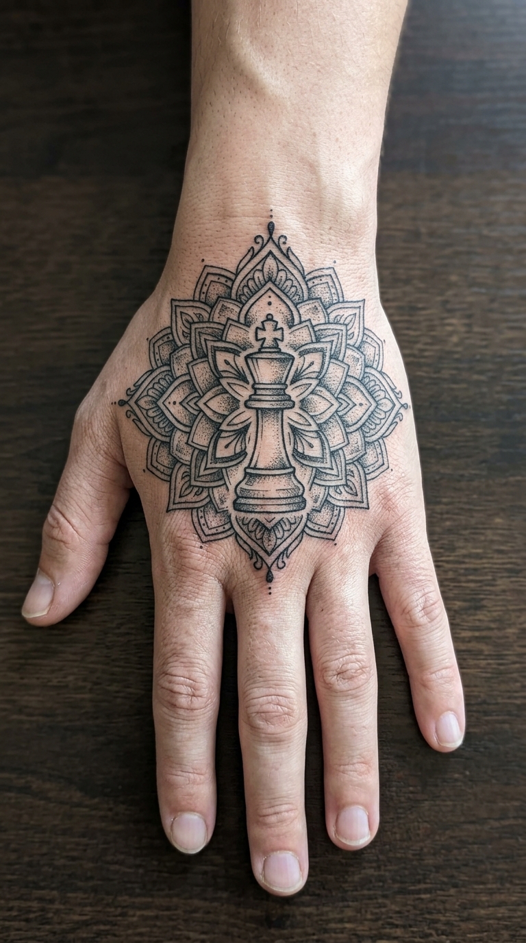 Schachkönig als Mandala Tattoo Idee für die Hand