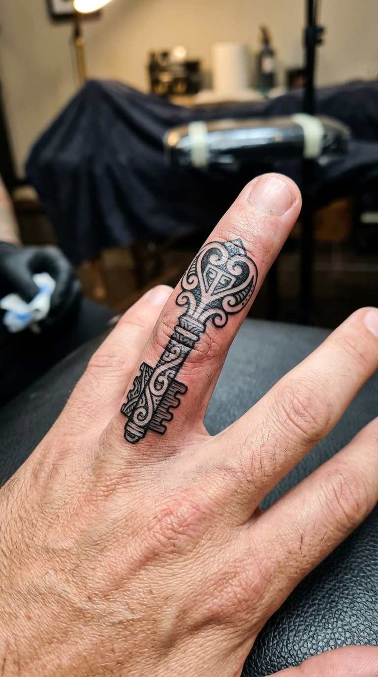 Schlüssel Motiv als Maori Tattoo Idee für den Finger