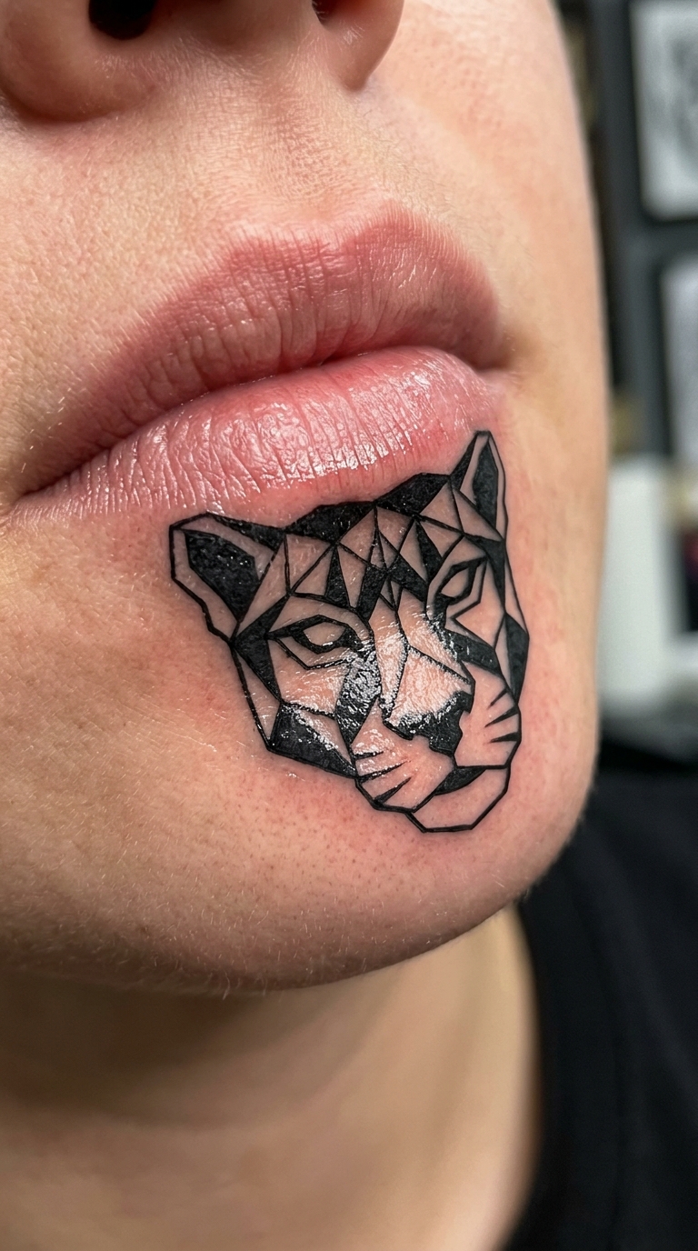 Schwarzer Panther als geometrische Tattoo Vorlage für die Unterlippe