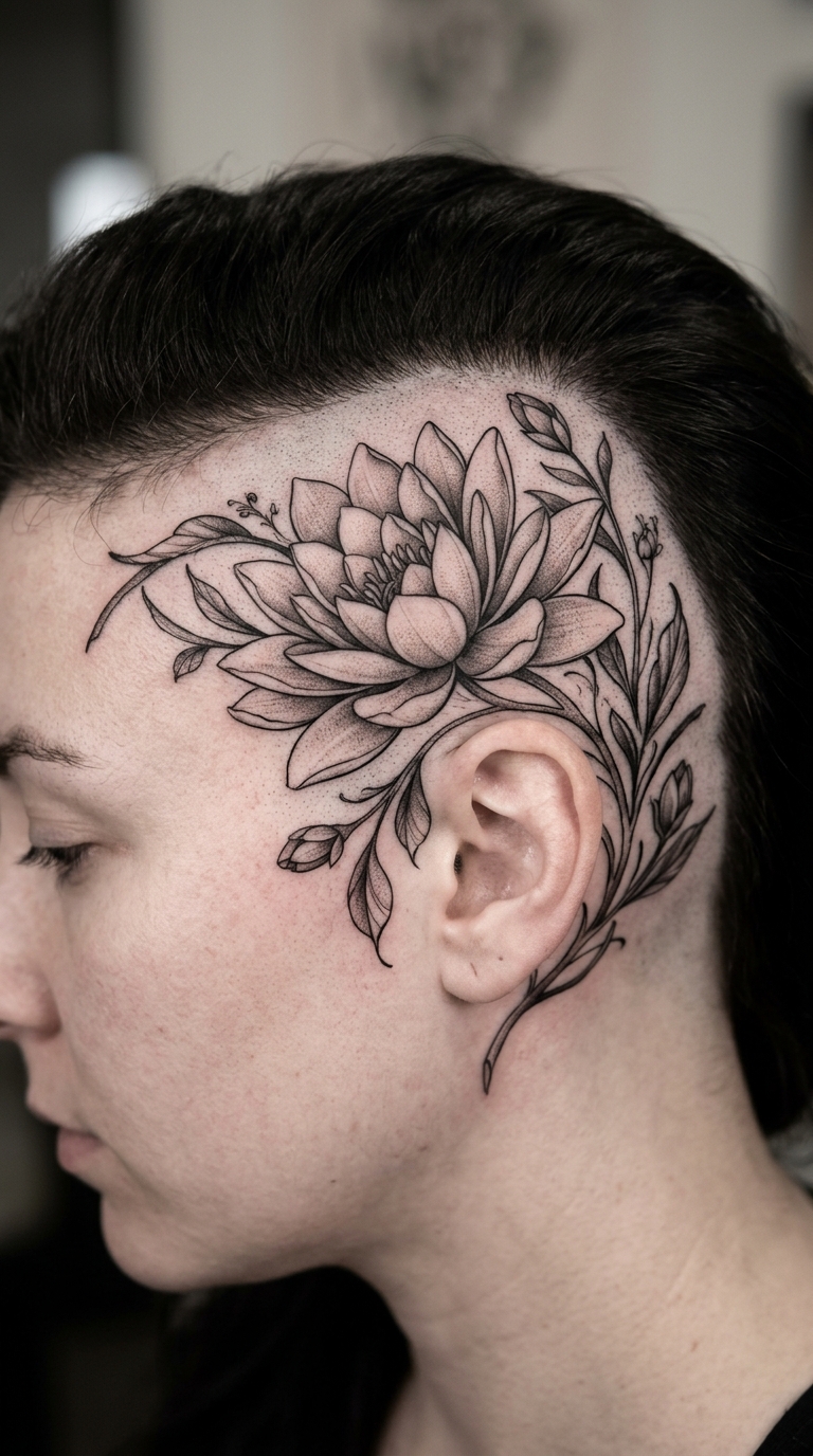 Seerose als florales Tattoo auf dem Kopf