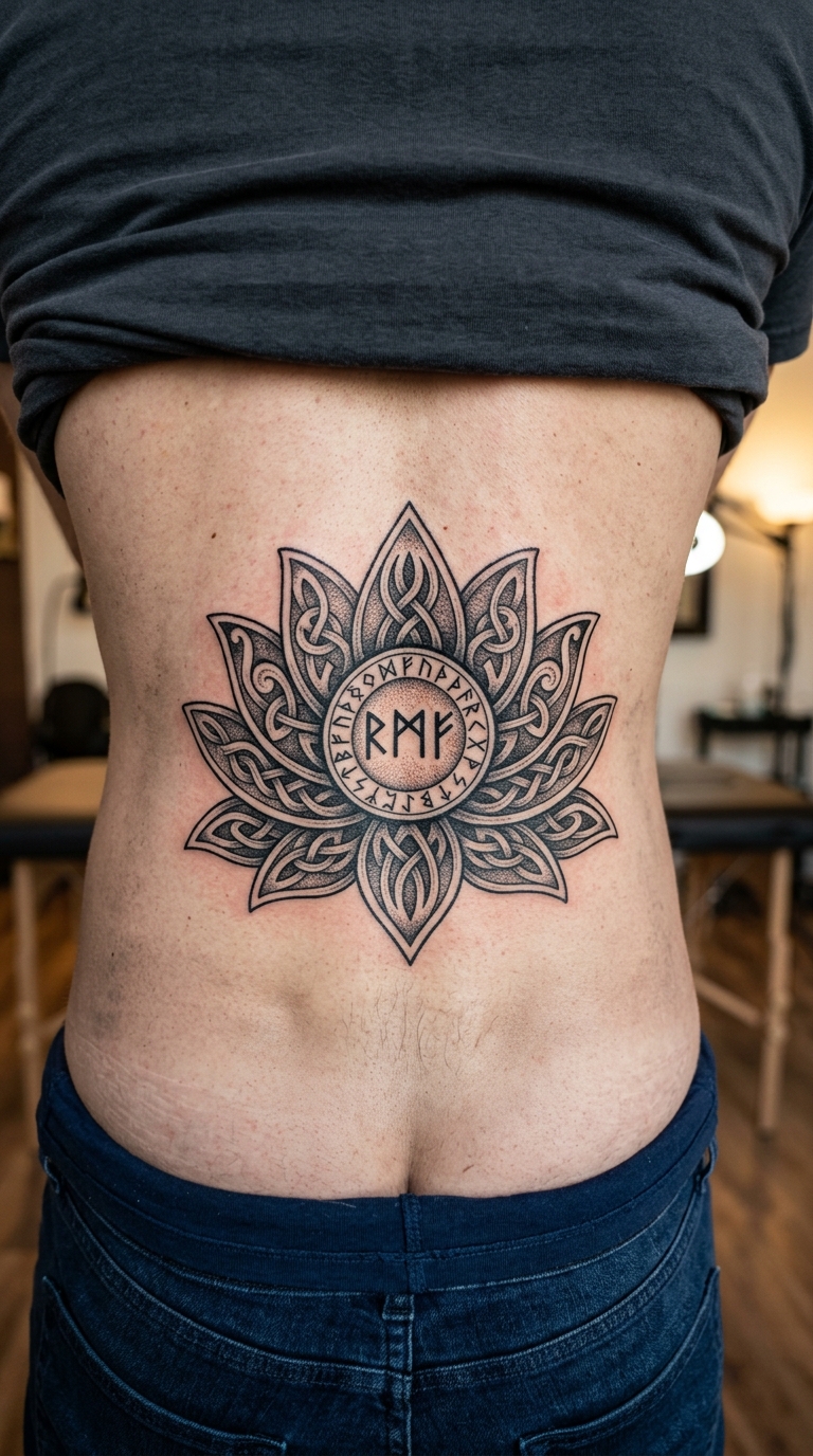 Seerose als Wikinger und Celtic Tattoo für das Steißbein