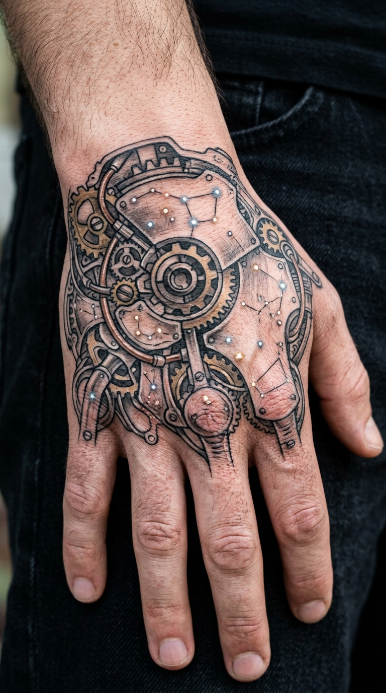 Sternenkarte im biomechanischen Stil als Tattoo Idee für die Hand