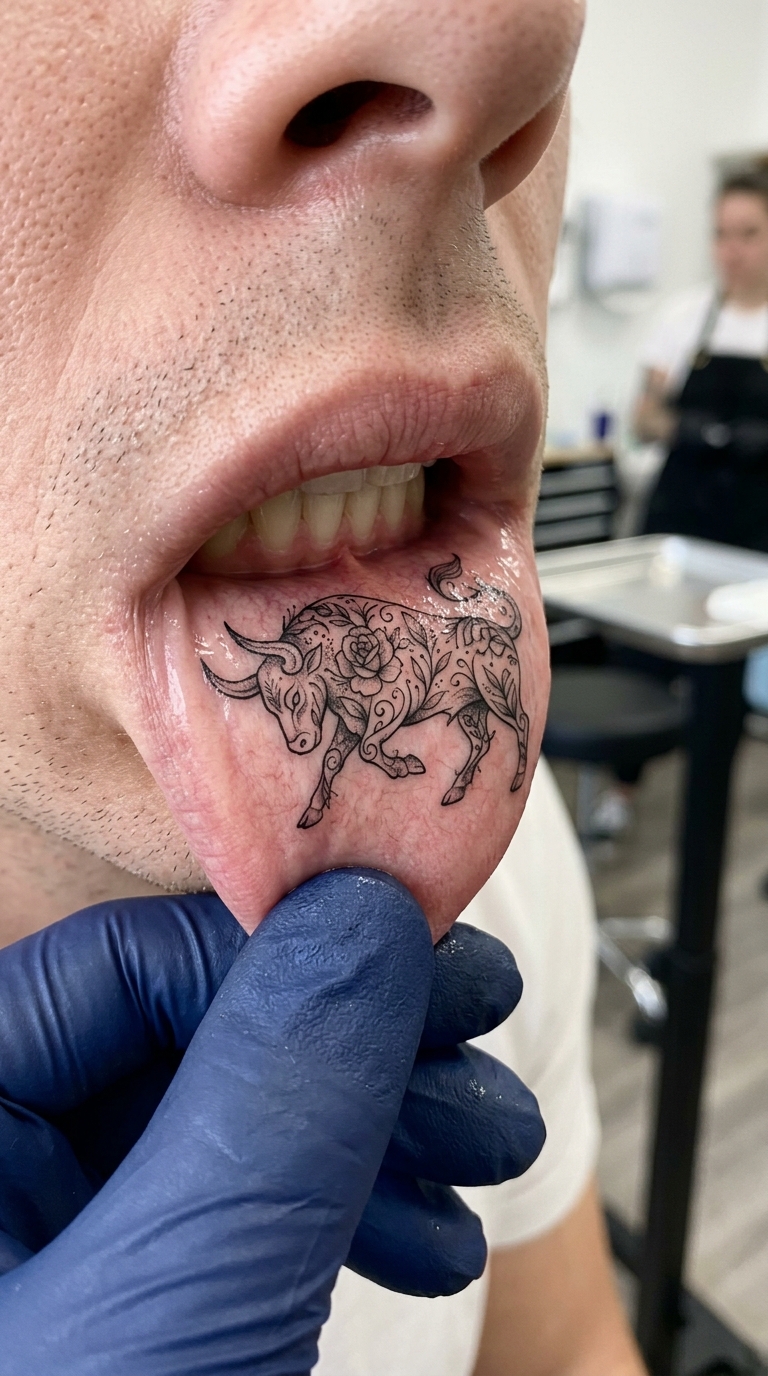 Stier mit Blumen Tattoo Idee für die Unterlippe