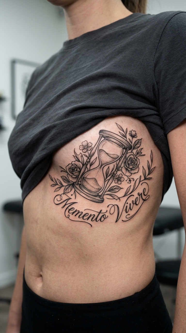 Stundenglas mit florale Schriftzug Tattoo Idee für den Underboob