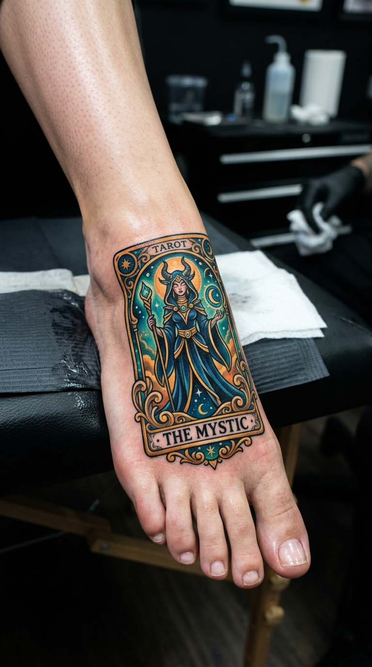 Tarotkarte als Neo Traditional Tattoo für den Fuß
