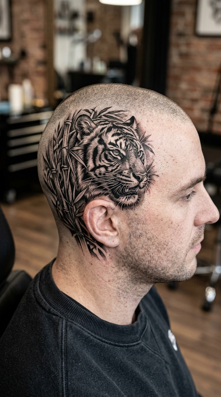 Tattoo Idee mit einem Tiger zwischen Bambus für den Kopf