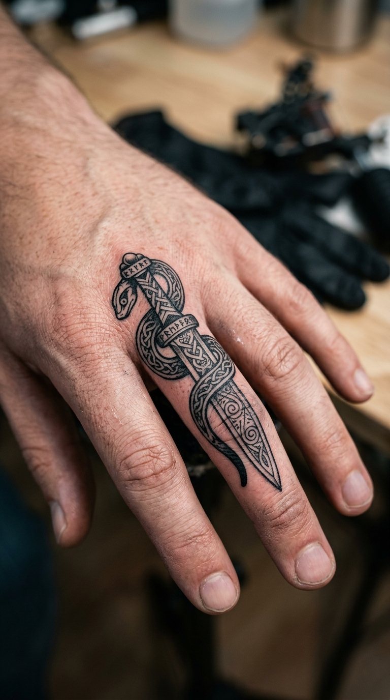 Tattoo Vorlage Schlange und Degen im Wikinger und Celtic Stil für den Finger