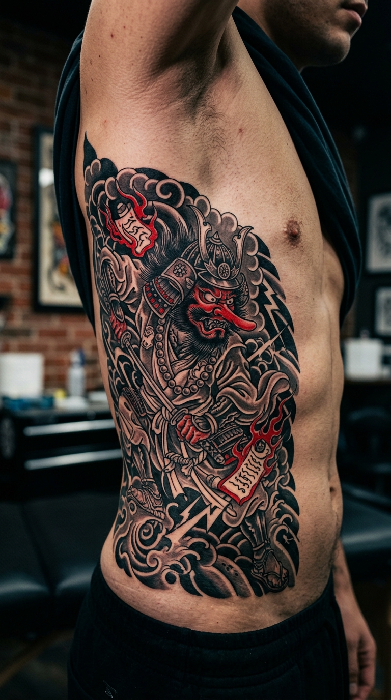 Tengu Dämon als japanisches Tattoo für die Rippen