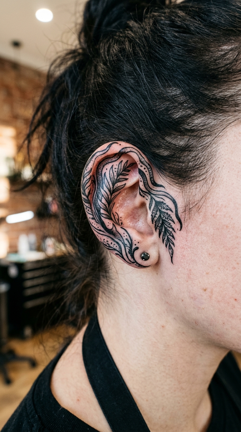 Tiefseepflanze als Blackwork Tattoo für das Ohr