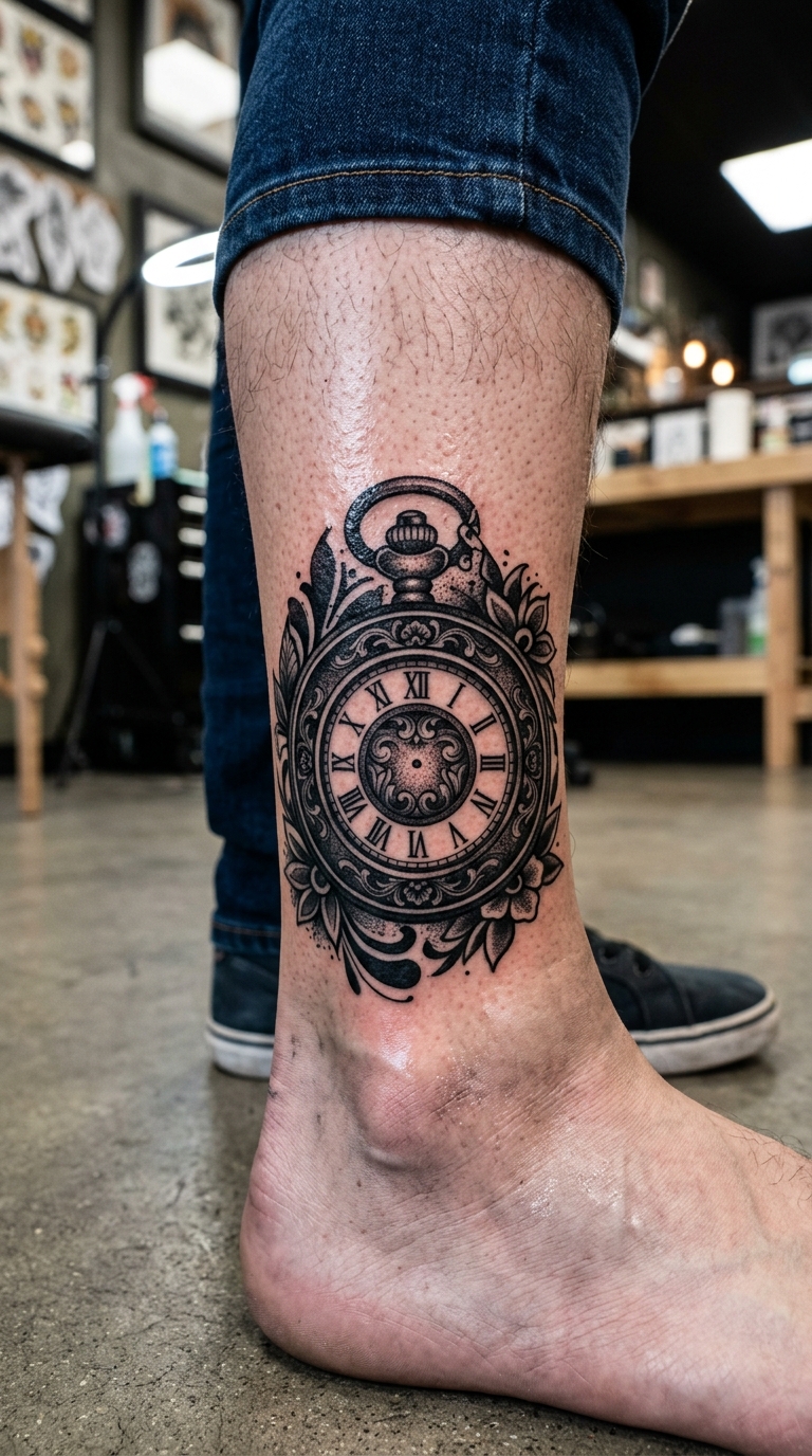 Uhr ohne Zeiger als Cover up Tattoo für den Knöchel