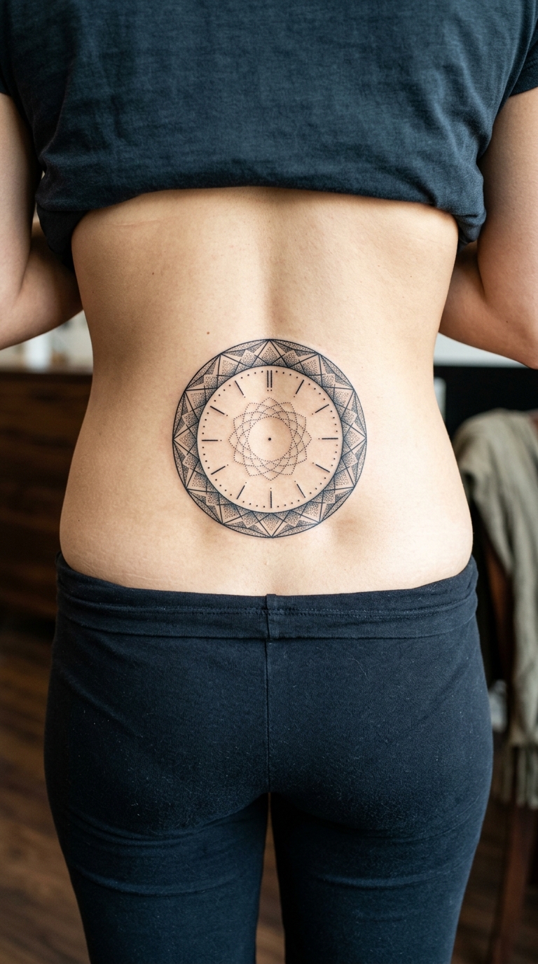 Uhr ohne Zeiger als geometrische Tattoo Vorlage für das Steißbein