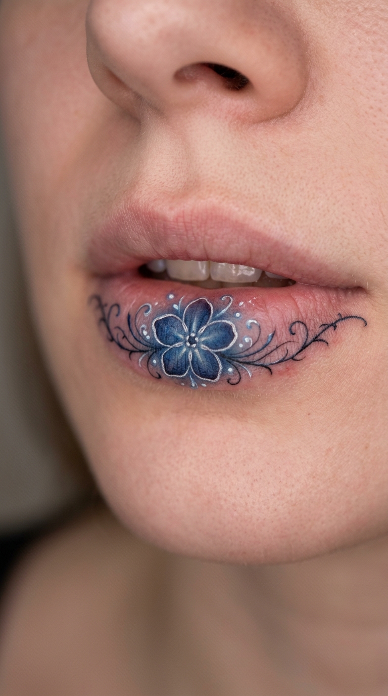 Vergissmeinnicht als mystisches Fantasy Tattoo für die Unterlippe